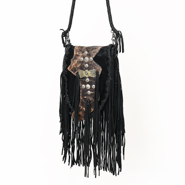 ADBGM549 Black Leather Fringe Crossbody Bag - Western Braided Purse with Conchos & Distressed Flap