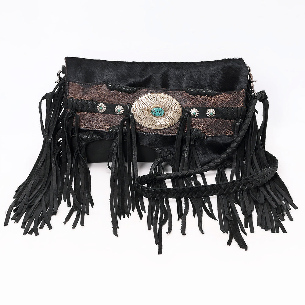 ADBGM550 Black Hair-On Leather Fringe Clutch - Western Crossbody with Turquoise Concho & Braided Trim