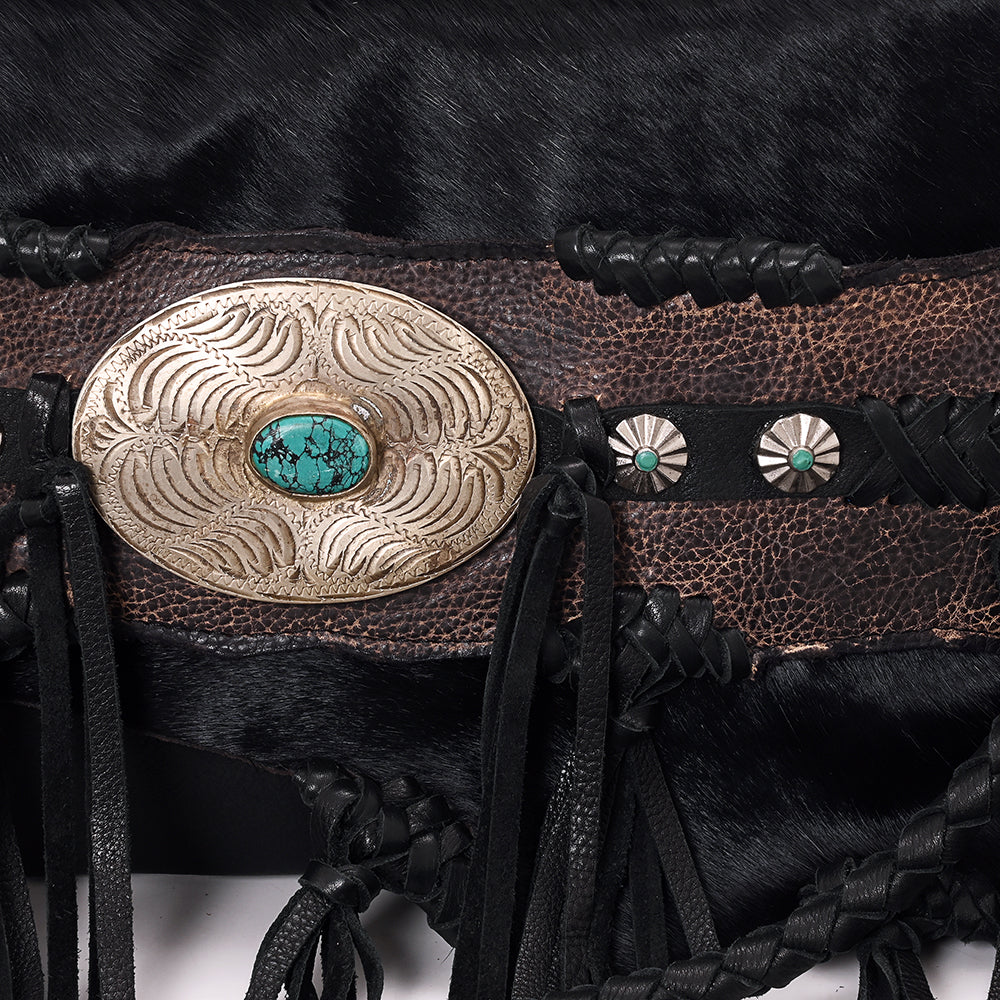 ADBGM550 Black Hair-On Leather Fringe Clutch - Western Crossbody with Turquoise Concho & Braided Trim