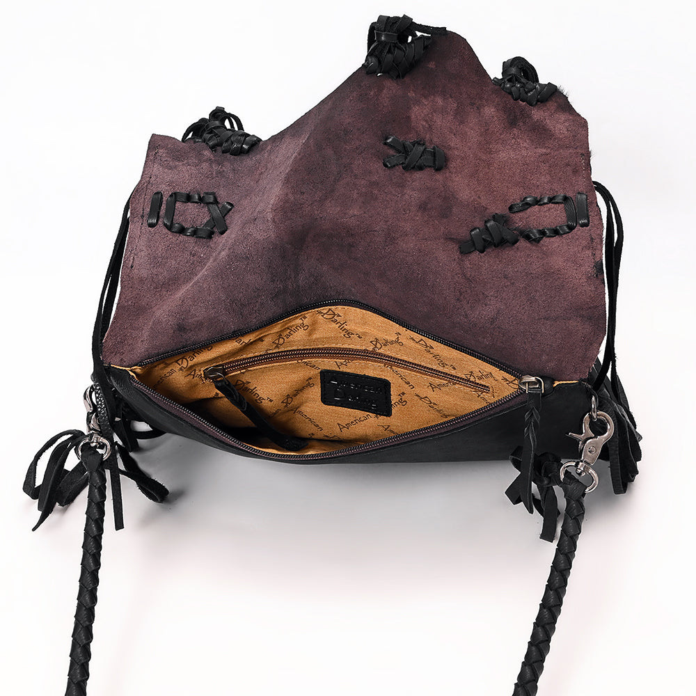 ADBGM550 Black Hair-On Leather Fringe Clutch - Western Crossbody with Turquoise Concho & Braided Trim