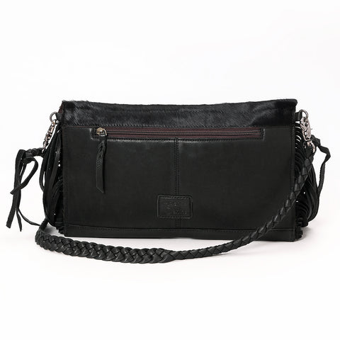 ADBGM550 Black Hair-On Leather Fringe Clutch - Western Crossbody with Turquoise Concho & Braided Trim