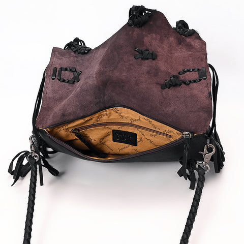 ADBGM550 Black Hair-On Leather Fringe Clutch - Western Crossbody with Turquoise Concho & Braided Trim