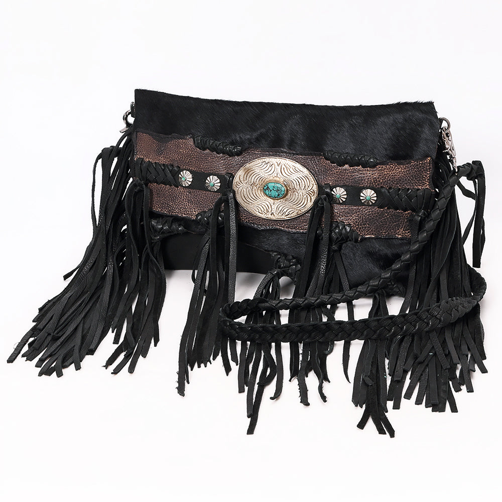 ADBGM550 Black Hair-On Leather Fringe Clutch - Western Crossbody with Turquoise Concho & Braided Trim