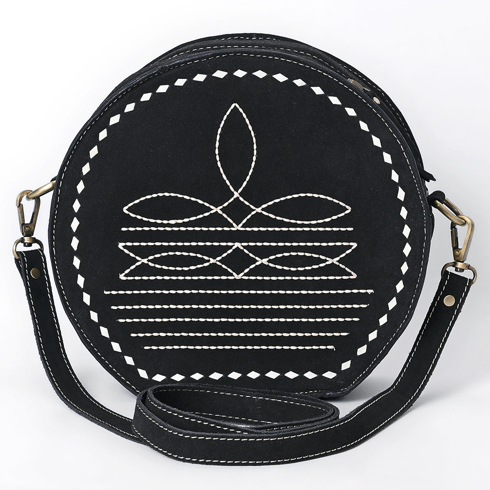 ADBGA682 Round Western Canteen Bag with White Rope Stitch Embroidery