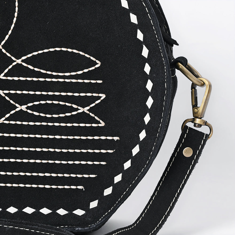 ADBGA682 Round Western Canteen Bag with White Rope Stitch Embroidery