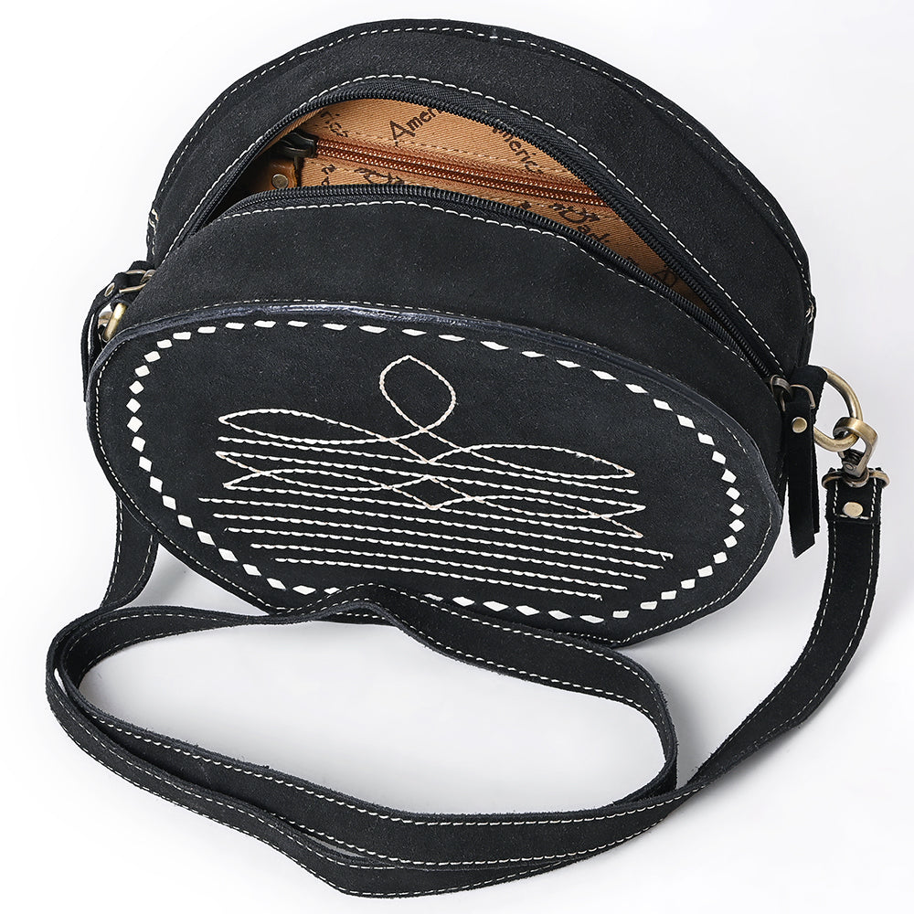 ADBGA682 Round Western Canteen Bag with White Rope Stitch Embroidery