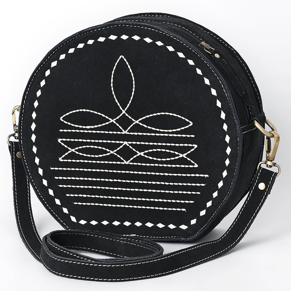 ADBGA682 Round Western Canteen Bag with White Rope Stitch Embroidery