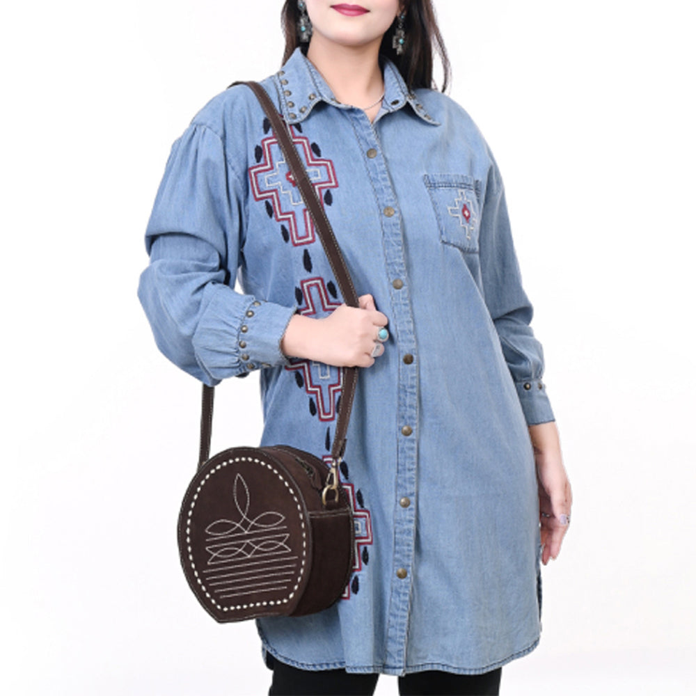 ADBGA682 Round Western Canteen Bag with White Rope Stitch Embroidery