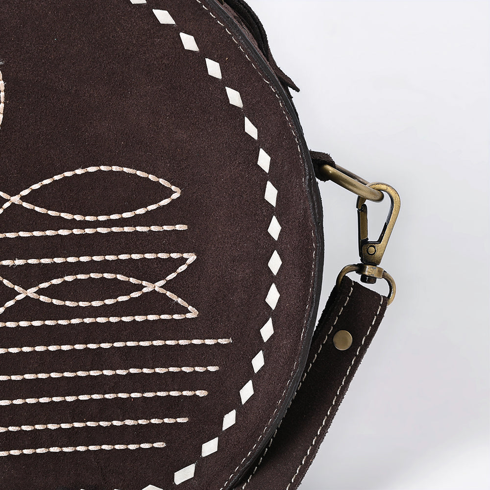ADBGA682 Round Western Canteen Bag with White Rope Stitch Embroidery