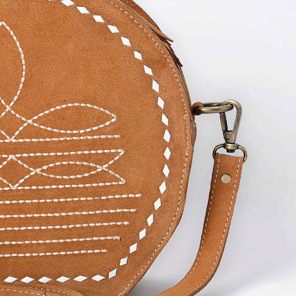 ADBGA682 Round Western Canteen Bag with White Rope Stitch Embroidery