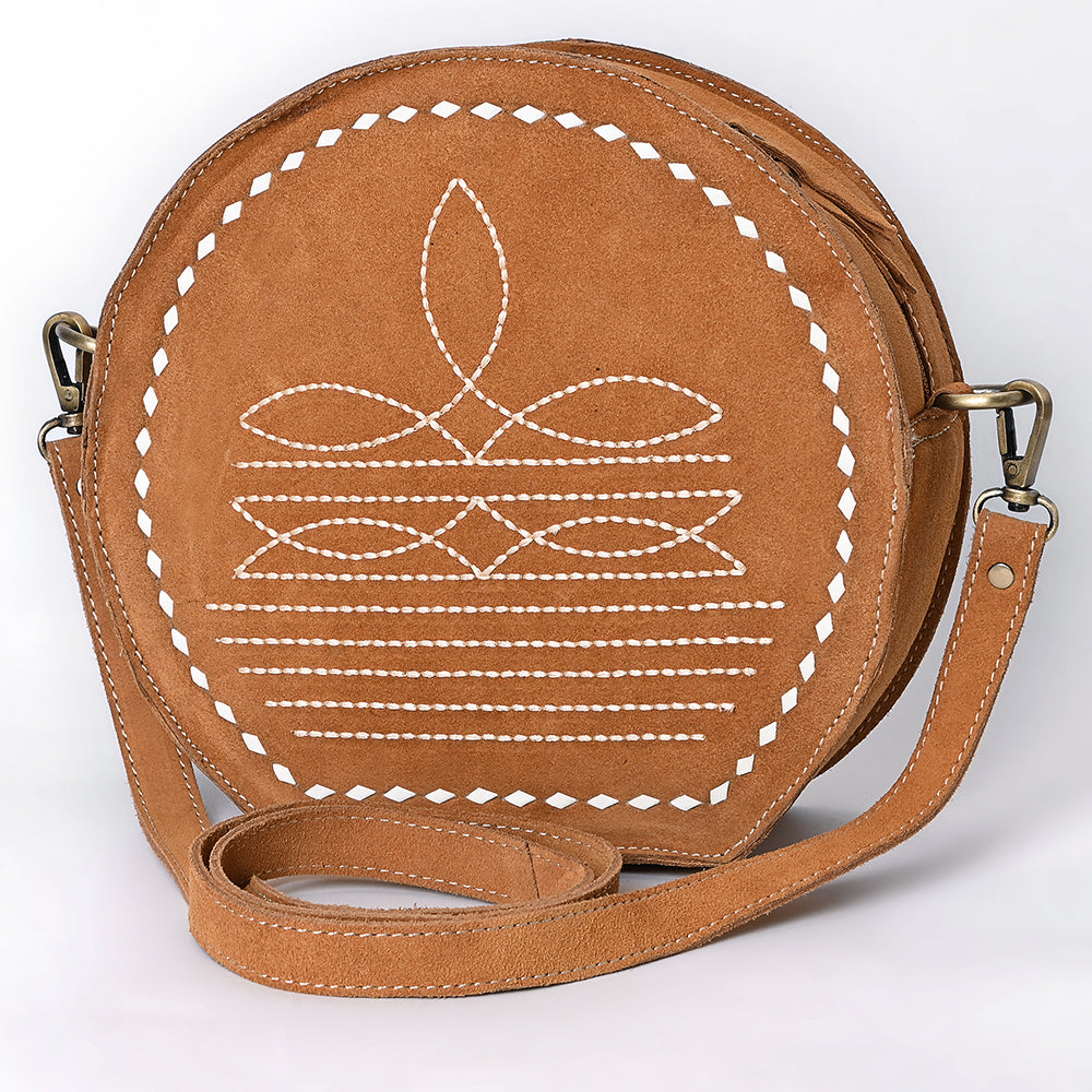 ADBGA682 Round Western Canteen Bag with White Rope Stitch Embroidery