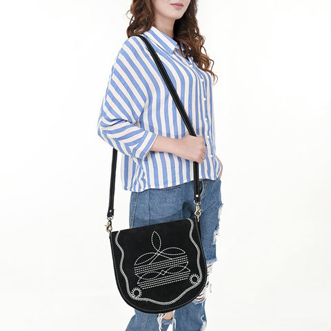 American Darling Genuine Suede Leather Cross body Bag with White Rope Embroidery