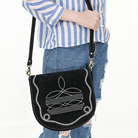 American Darling Genuine Suede Leather Cross body Bag with White Rope Embroidery