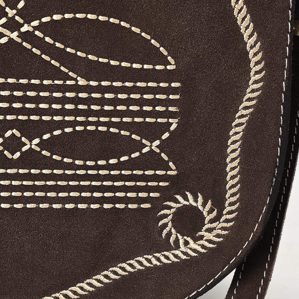 ADBGA684 Genuine suede Western Crossbody Bag with White Rope Embroidery