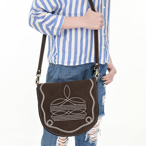 American Darling Genuine Suede Leather Cross body Bag with White Rope Embroidery