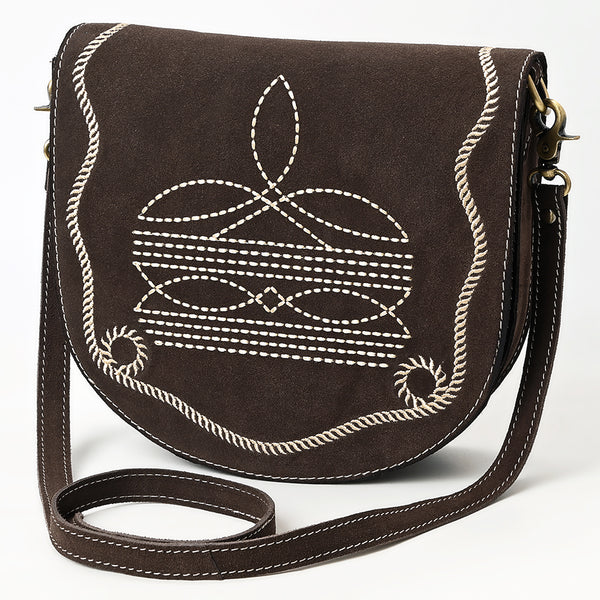 ADBGA684 Suede Western Crossbody Bag with White Rope Embroidery