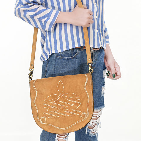 American Darling Genuine Suede Leather Cross body Bag with White Rope Embroidery