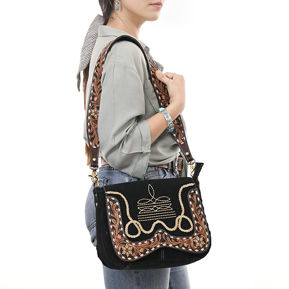 ADBGA687 Western Crossbody Flap Bag with Tooled Leather Strap & Rope Stitch Embroidery