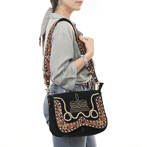 American Darling Boot Stitched Suede Leather Hand Tooled Cross body Bag