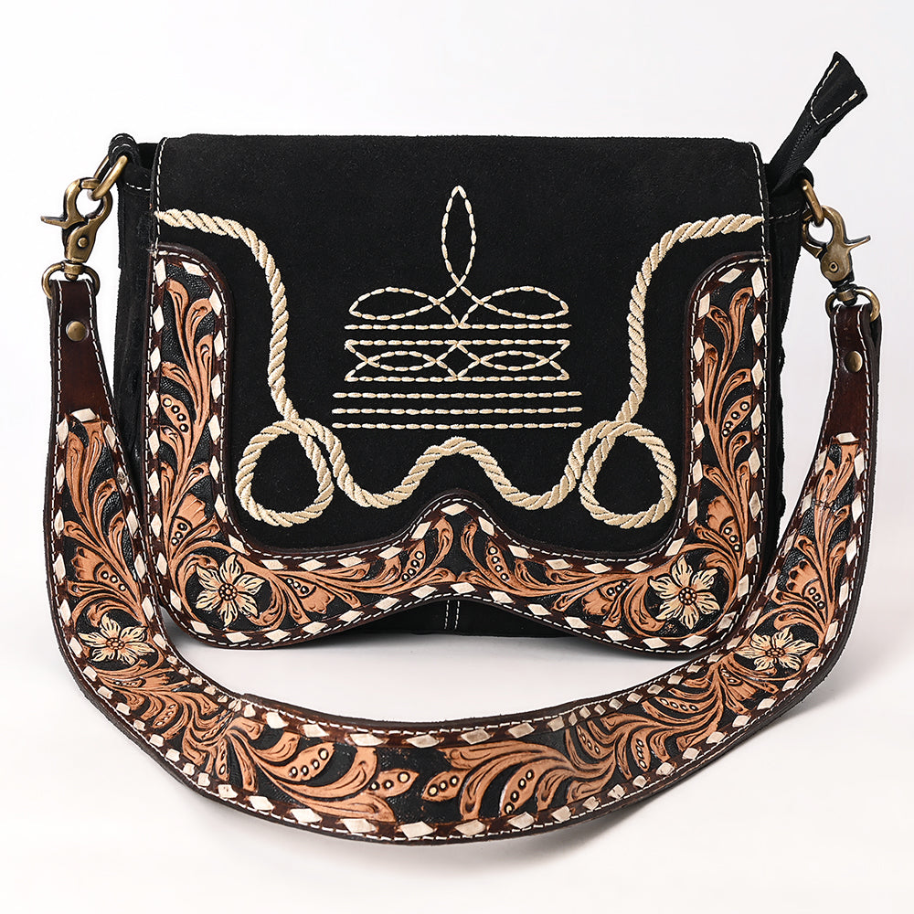 ADBGA687 Western Crossbody Flap Bag with Tooled Leather Strap & Rope Stitch Embroidery