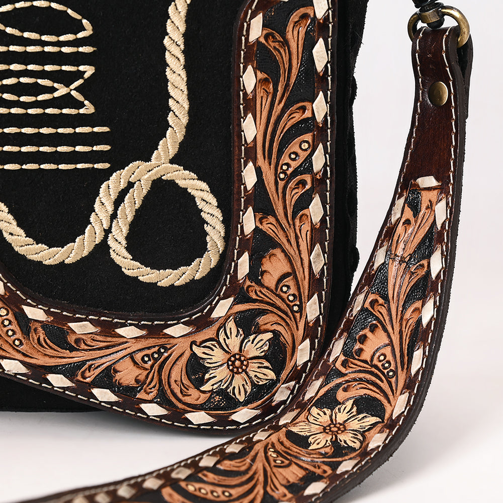 ADBGA687 Western Crossbody Flap Bag with Tooled Leather Strap & Rope Stitch Embroidery