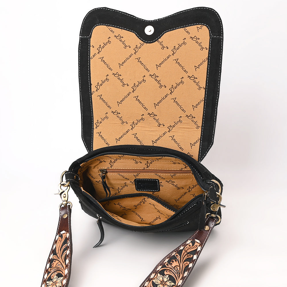 ADBGA687 Western Crossbody Flap Bag with Tooled Leather Strap & Rope Stitch Embroidery
