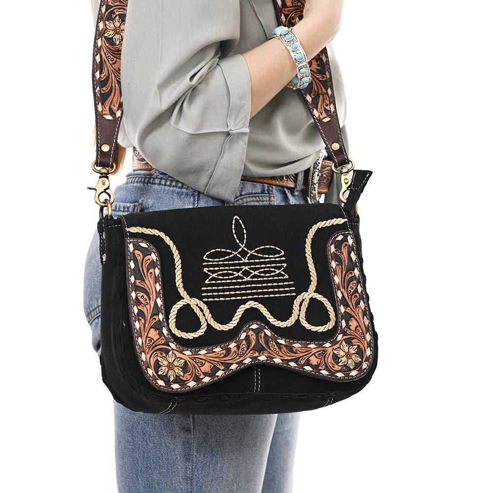 ADBGA687 Western Crossbody Flap Bag with Tooled Leather Strap & Rope Stitch Embroidery