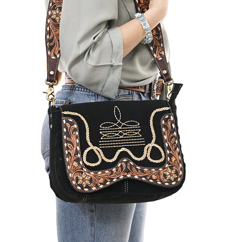 American Darling Boot Stitched Suede Leather Hand Tooled Cross body Bag