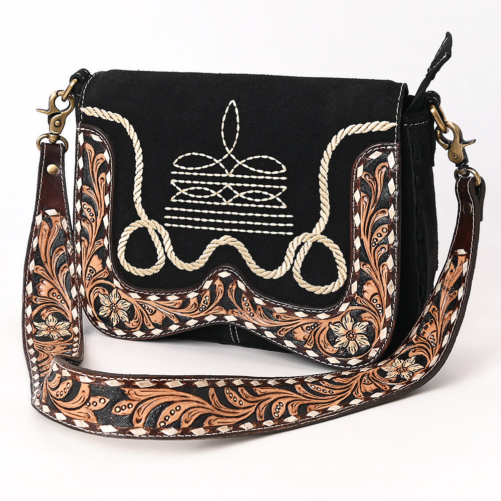 ADBGA687 Western Crossbody Flap Bag with Tooled Leather Strap & Rope Stitch Embroidery