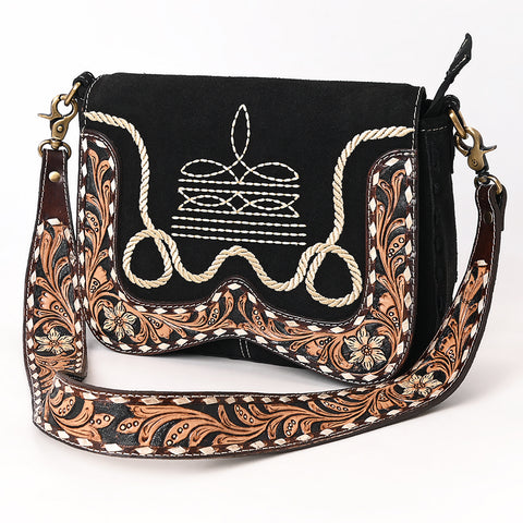 American Darling Boot Stitched Suede Leather Hand Tooled Cross body Bag