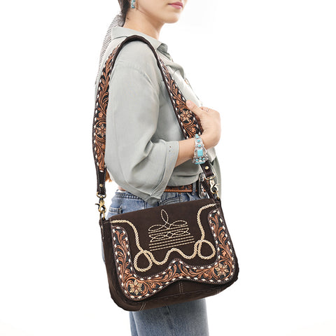 American Darling Boot Stitched Suede Leather Hand Tooled Cross body Bag