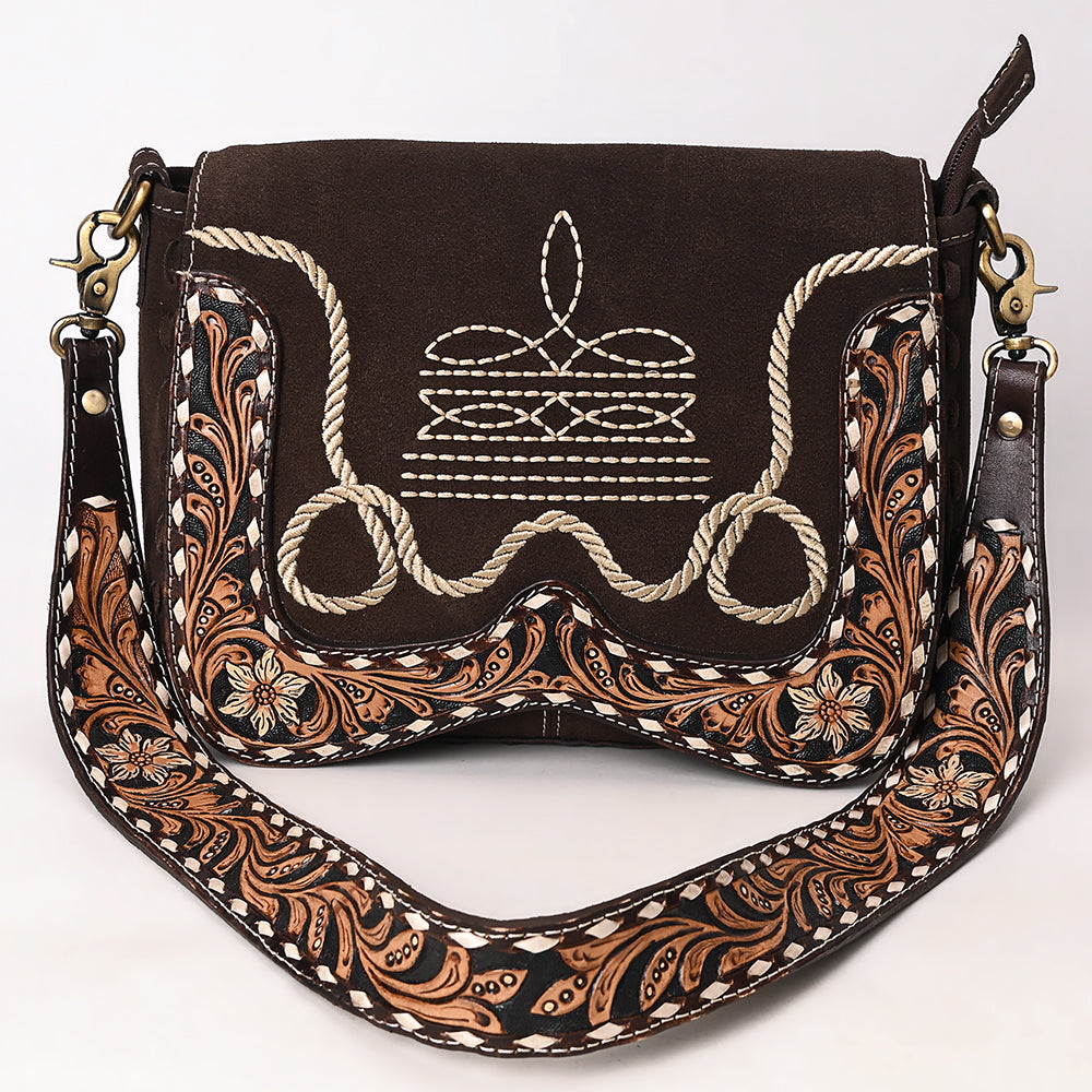 ADBGA687 Western Crossbody Flap Bag with Tooled Leather Strap & Rope Stitch Embroidery