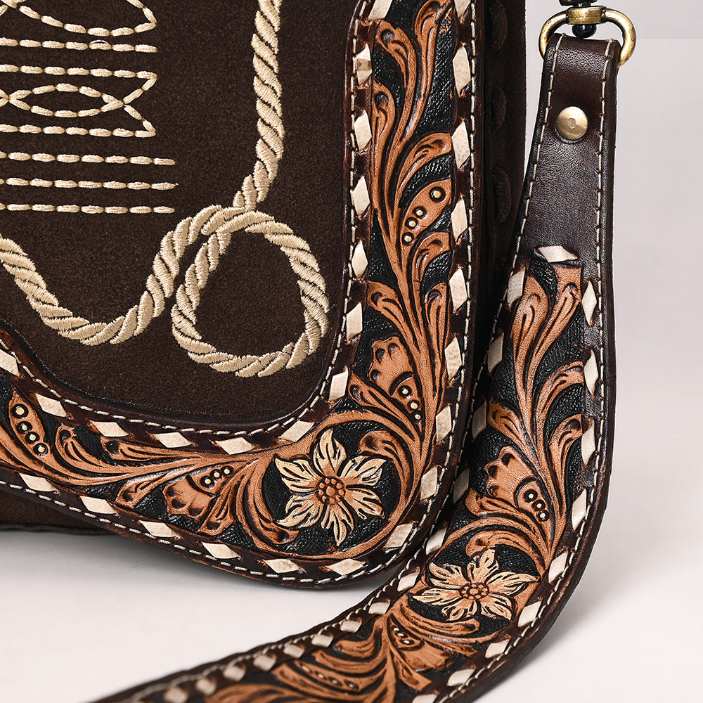ADBGA687 Western Crossbody Flap Bag with Tooled Leather Strap & Rope Stitch Embroidery
