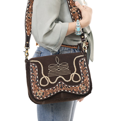 American Darling Boot Stitched Suede Leather Hand Tooled Cross body Bag