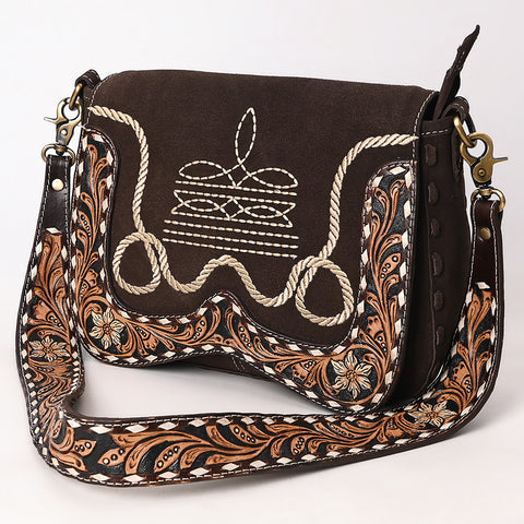 American Darling Boot Stitched Suede Leather Hand Tooled Cross body Bag