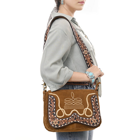 American Darling Boot Stitched Suede Leather Hand Tooled Cross body Bag