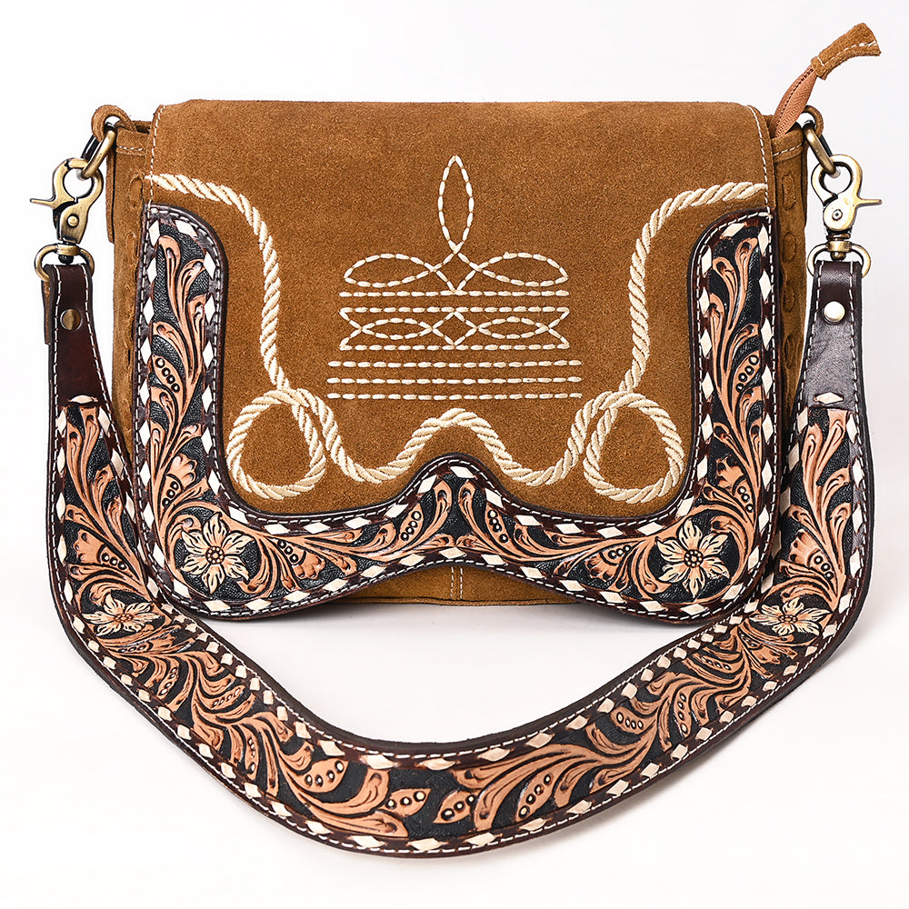 ADBGA687 Western Crossbody Flap Bag with Tooled Leather Strap & Rope Stitch Embroidery