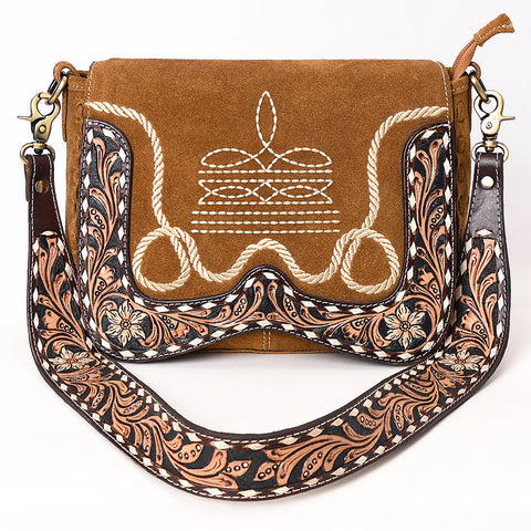 American Darling Boot Stitched Suede Leather Hand Tooled Cross body Bag