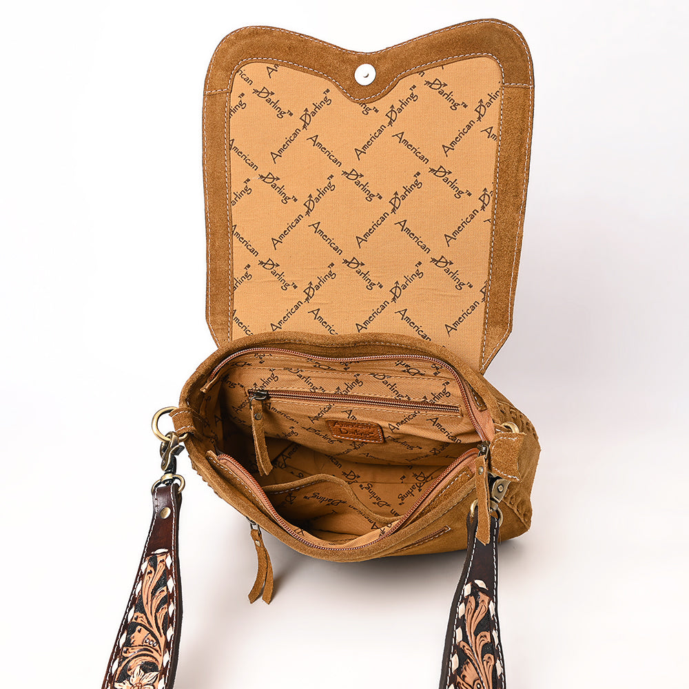 ADBGA687 Western Crossbody Flap Bag with Tooled Leather Strap & Rope Stitch Embroidery
