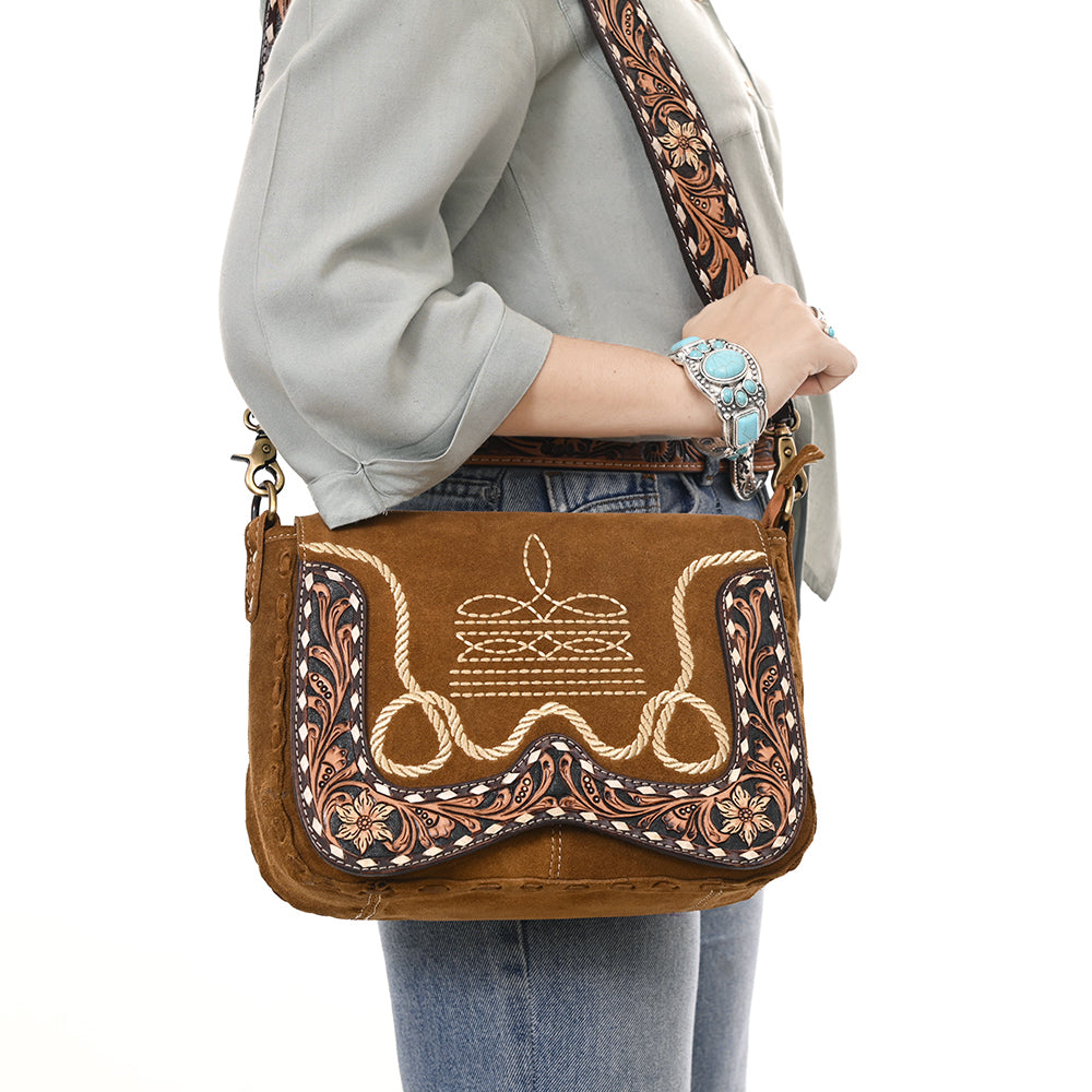 ADBGA687 Western Crossbody Flap Bag with Tooled Leather Strap & Rope Stitch Embroidery