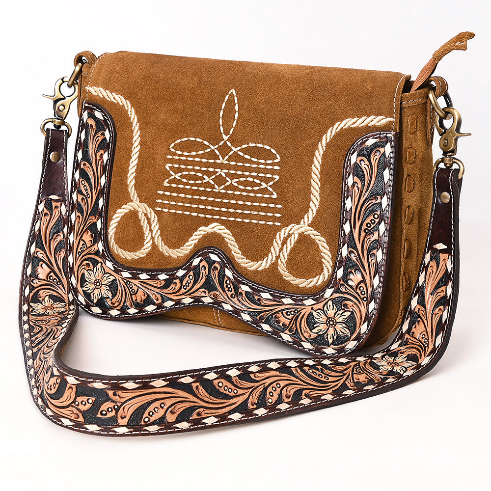 ADBGA687 Western Crossbody Flap Bag with Tooled Leather Strap & Rope Stitch Embroidery