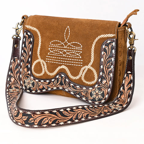 American Darling Boot Stitched Suede Leather Hand Tooled Cross body Bag