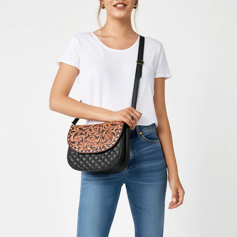 American Darling Tooled Leather Flap Quilted Black Crossbody Bag