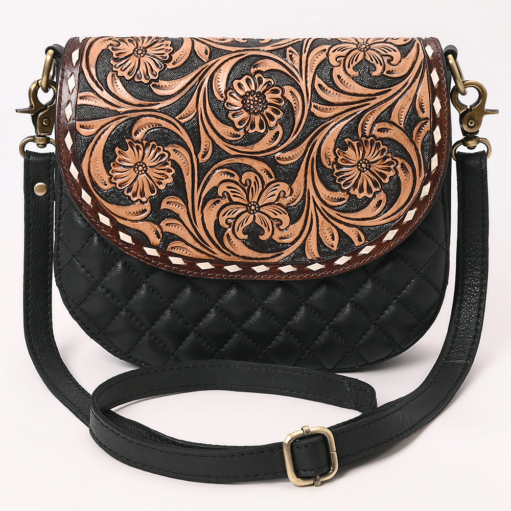 ADBGA690 Tooled Leather Flap Quilted Black Crossbody Bag-Western Floral Design