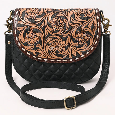American Darling Tooled Leather Flap Quilted Black Crossbody Bag