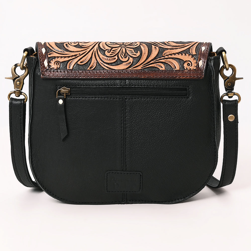 ADBGA690 Tooled Leather Flap Quilted Black Crossbody Bag-Western Floral Design