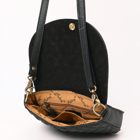 American Darling Tooled Leather Flap Quilted Black Crossbody Bag