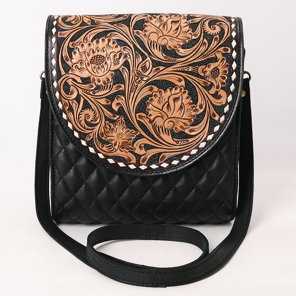 ADBGA691 Vertical Black Quilted Crossbody Bag with Floral Tooled Leather Flap
