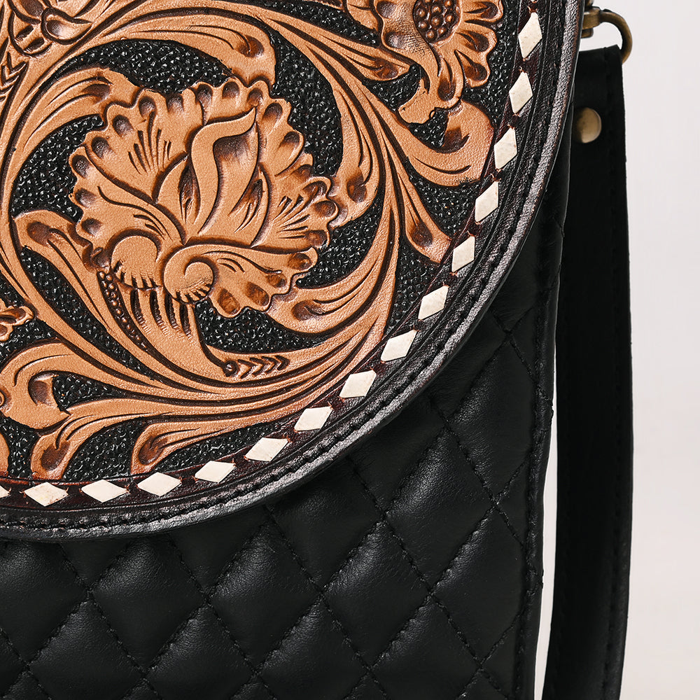 ADBGA691 Vertical Black Quilted Crossbody Bag with Floral Tooled Leather Flap