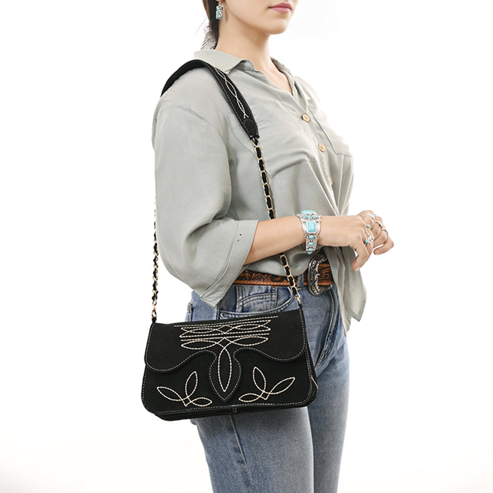 ADBGA692 Western Clutch Crossbody Bag with Cream Embroidery & Chain Strap